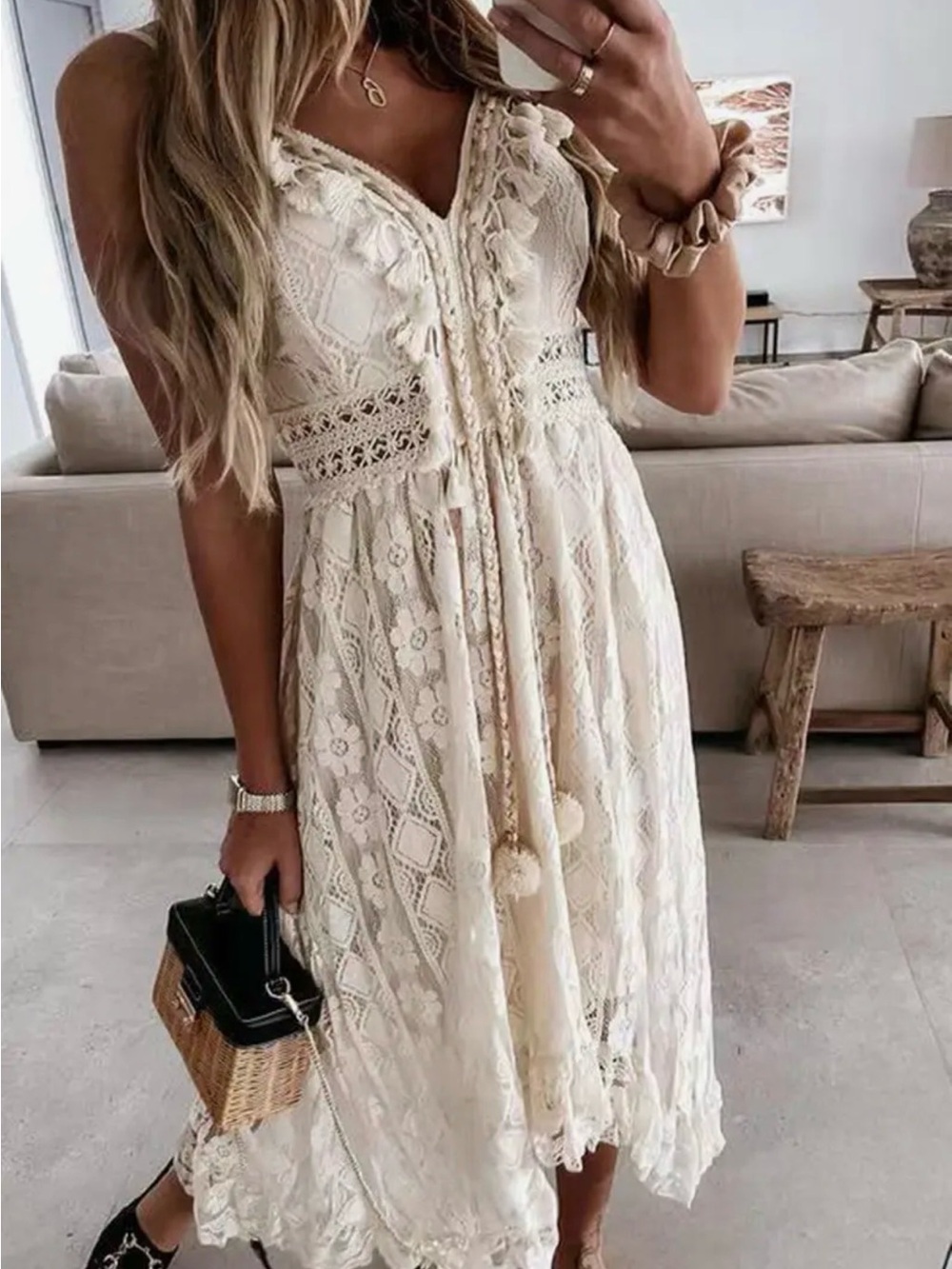 Cream Lace Midi Dress with Tassel Tie